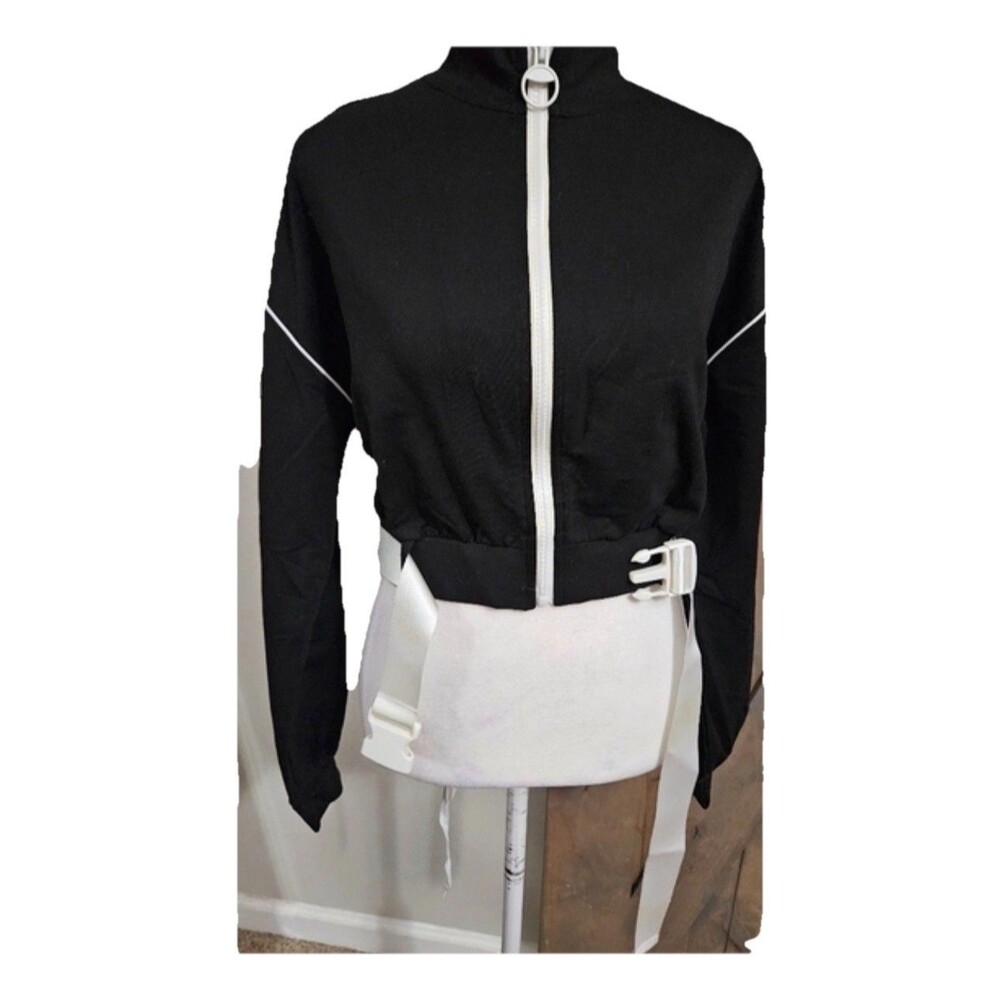 CAPSULLE MockNeck Zip Front Cropped Track Jacket W/Waist Belt. Black/white. NWOT